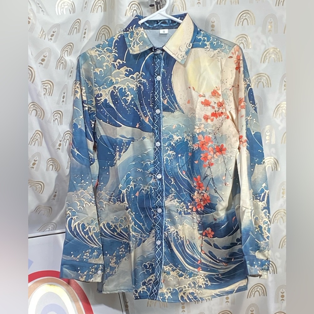 Button-Down Floral Wave Print Shirt - Blue
